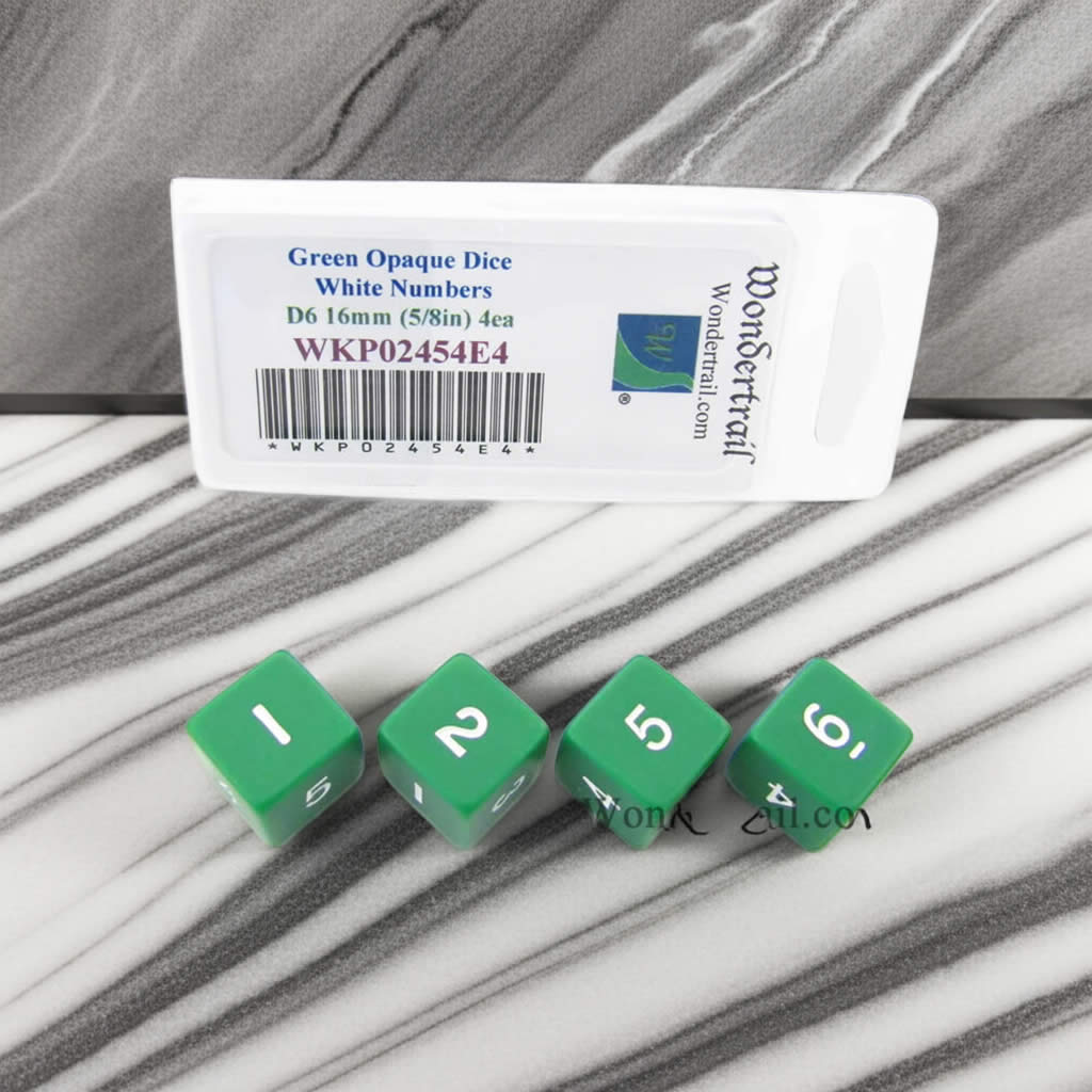 WKP02454E4 Green Opaque Dice with White Numbers D6 16mm (5/8in) Pack of 4 Dice