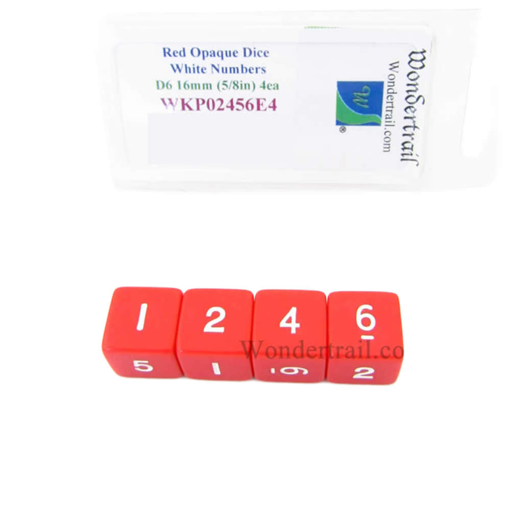 WKP02456E4 Red Opaque Dice White Numbers D6 16mm (5/8in) Pack of 4