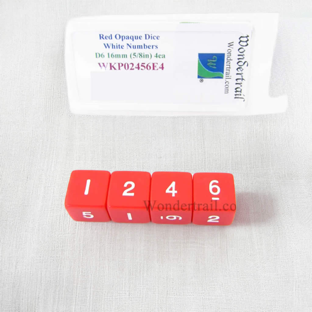 WKP02456E4 Red Opaque Dice White Numbers D6 16mm (5/8in) Pack of 4