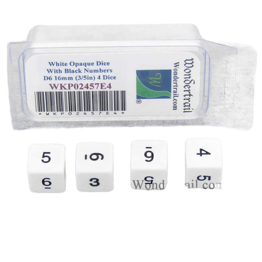 WKP02457E4 White Opaque Dice with Black Numbers D6 16mm (5/8in) Pack of 4 Dice