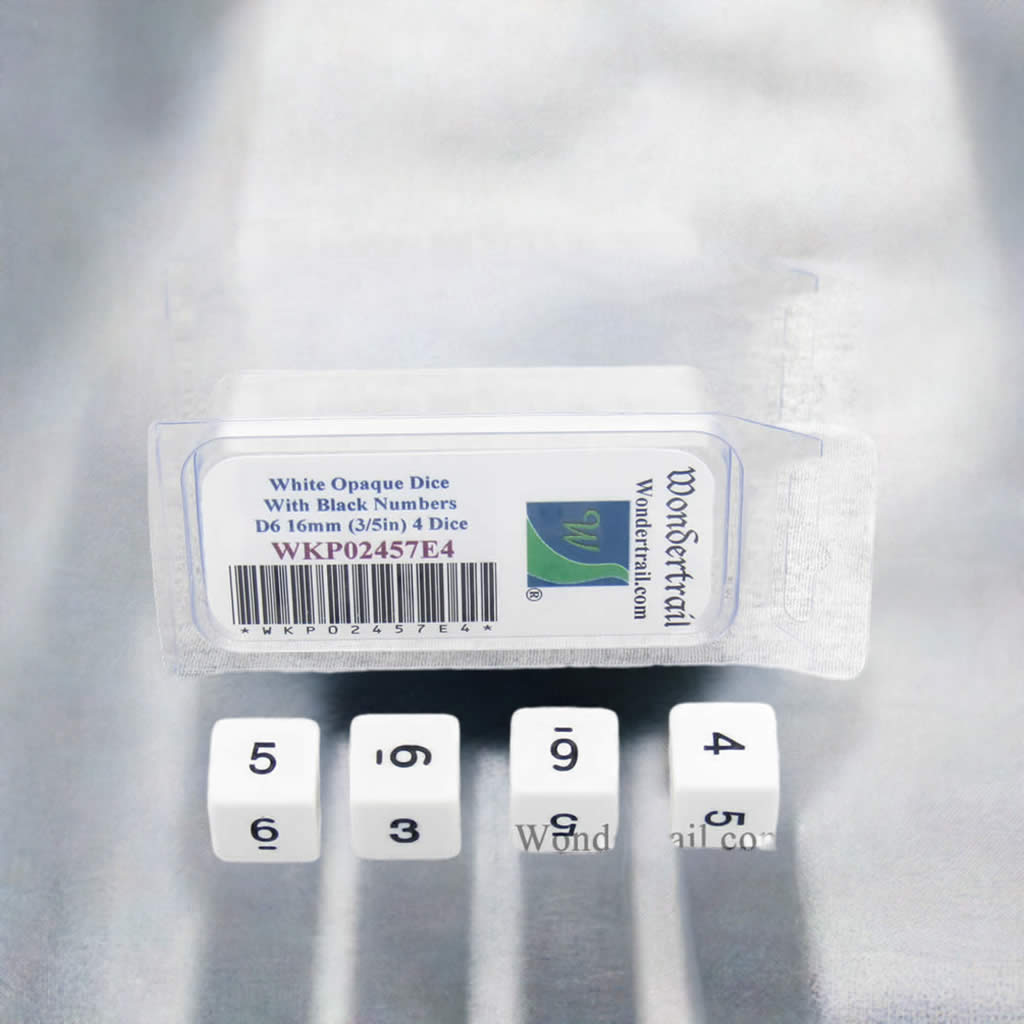 WKP02457E4 White Opaque Dice with Black Numbers D6 16mm (5/8in) Pack of 4 Dice