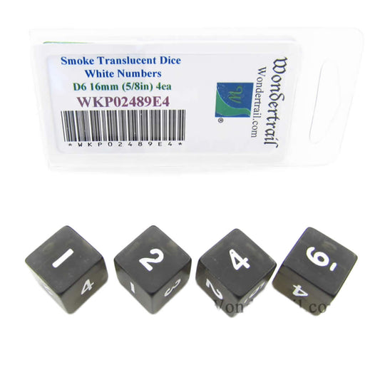 WKP02489E4 Smoke Transparent Dice with White Numbers D6 16mm (5/8in) Pack of 4 Dice