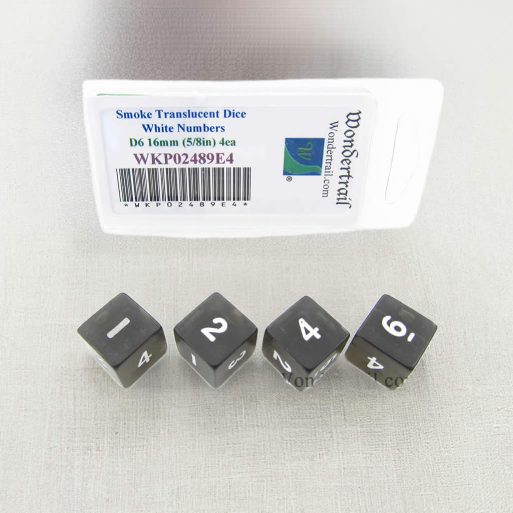 WKP02489E4 Smoke Transparent Dice with White Numbers D6 16mm (5/8in) Pack of 4 Dice