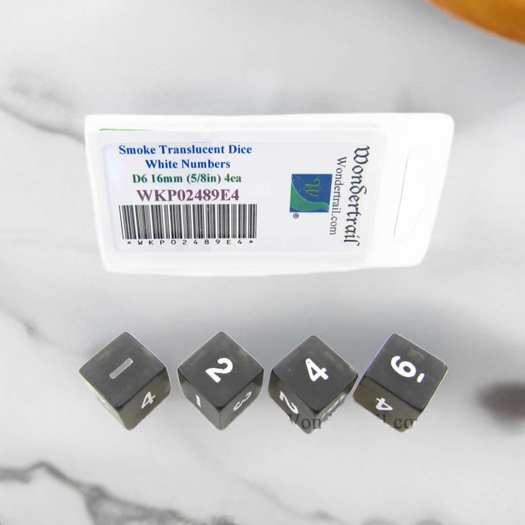 WKP02489E4 Smoke Transparent Dice with White Numbers D6 16mm (5/8in) Pack of 4 Dice