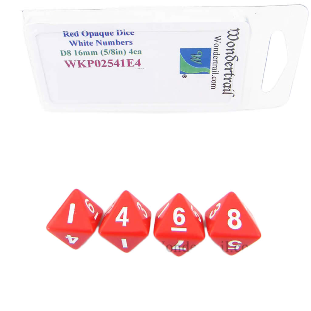 WKP02541E4 Red Opaque Dice with White Numbers D8 16mm (5/8in) Pack of 4 Dice