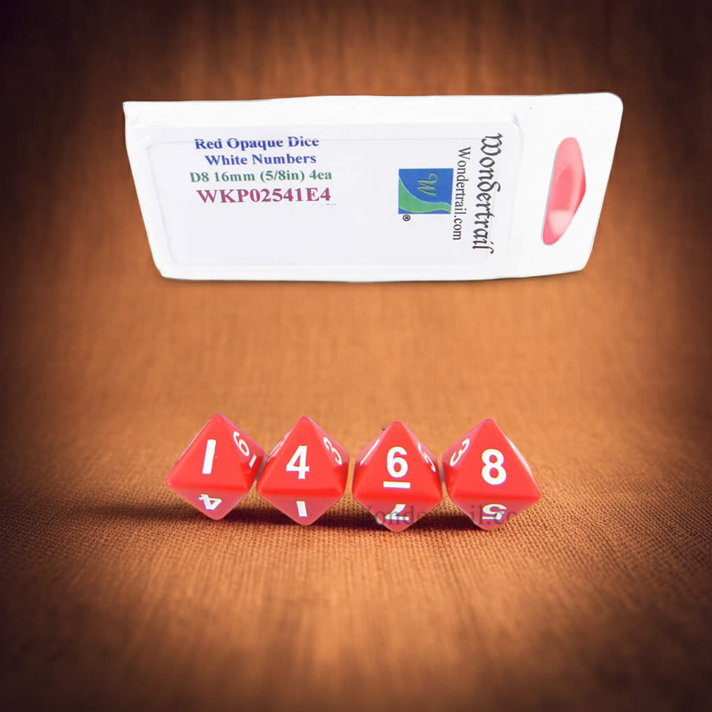 WKP02541E4 Red Opaque Dice with White Numbers D8 16mm (5/8in) Pack of 4 Dice