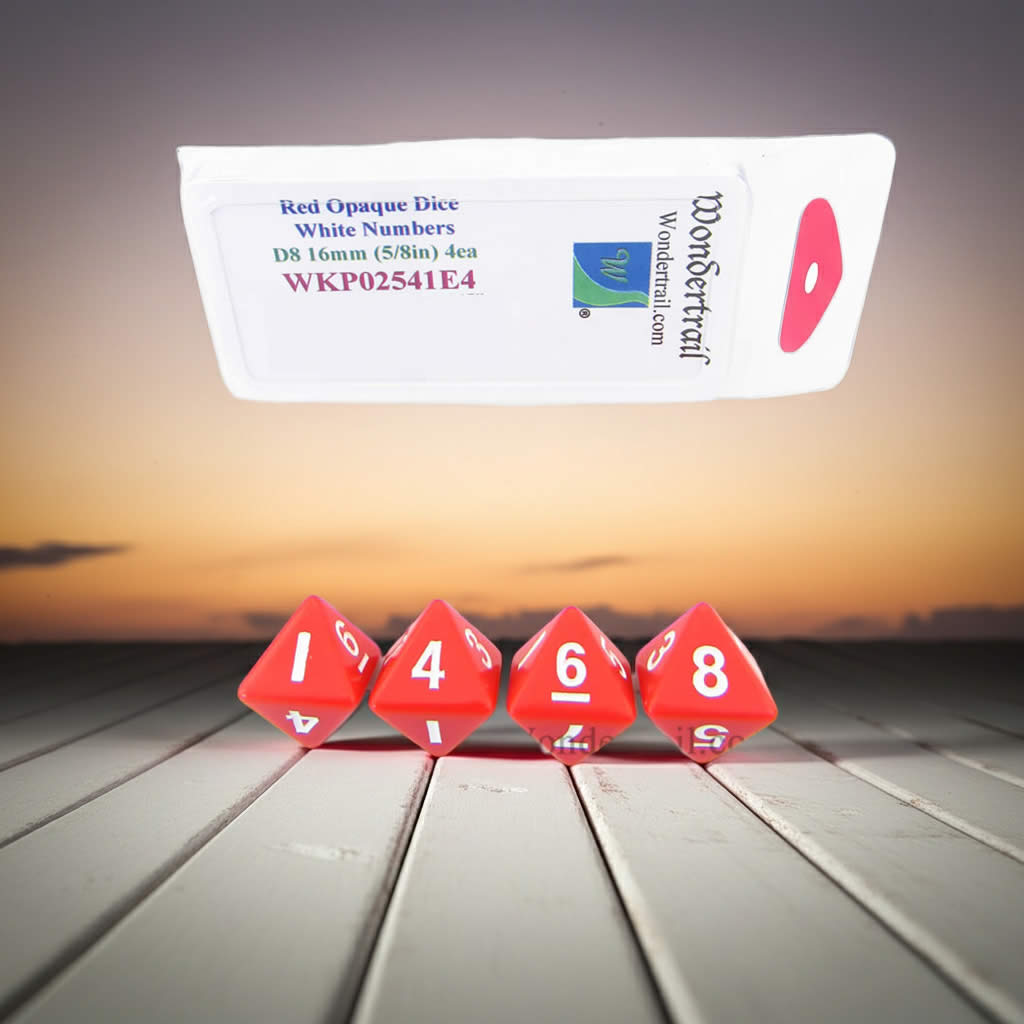 WKP02541E4 Red Opaque Dice with White Numbers D8 16mm (5/8in) Pack of 4 Dice