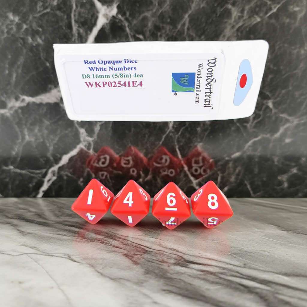 WKP02541E4 Red Opaque Dice with White Numbers D8 16mm (5/8in) Pack of 4 Dice