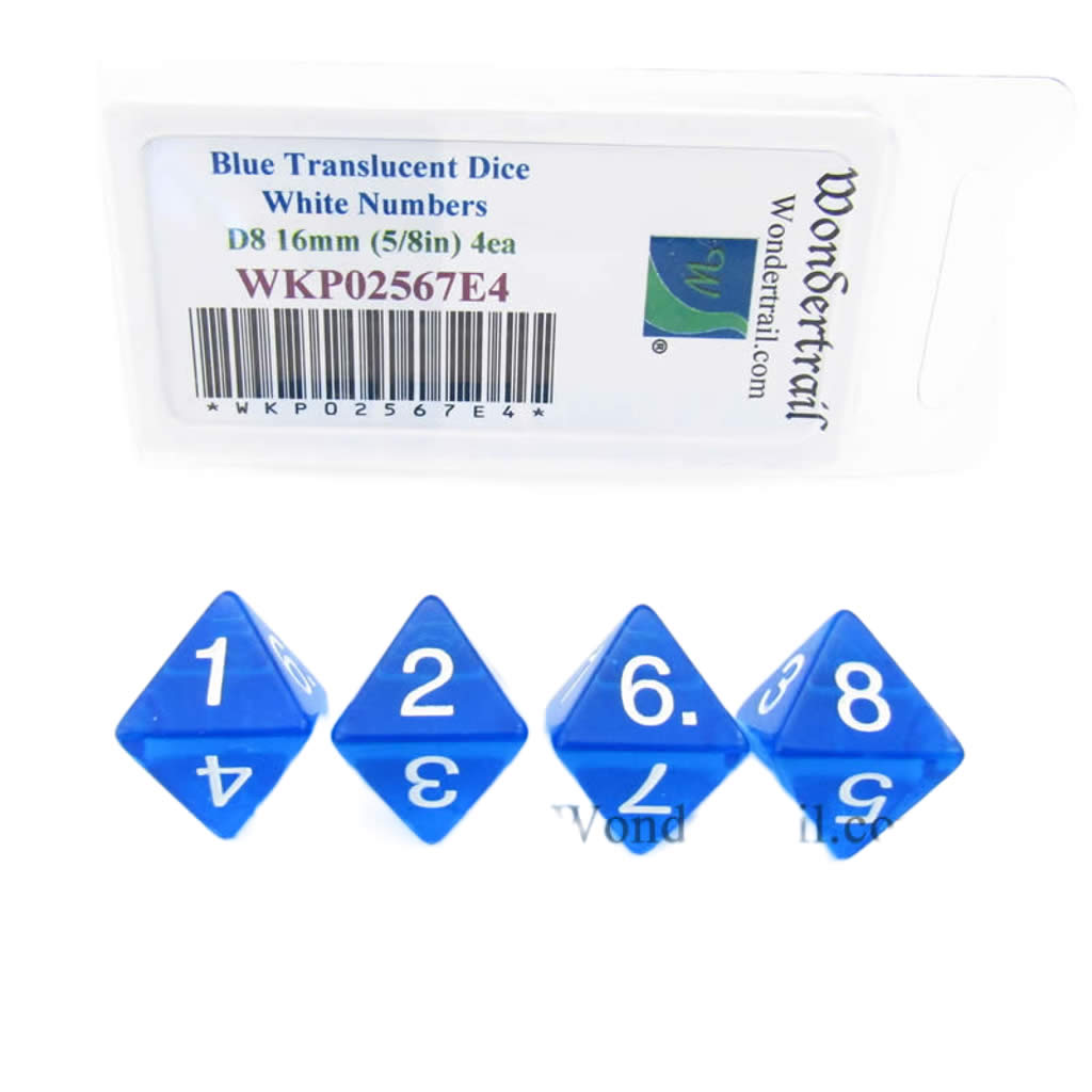 WKP02567E4 Blue Transparent Dice with White Numbers D8 16mm (5/8in) Pack of 4 Dice