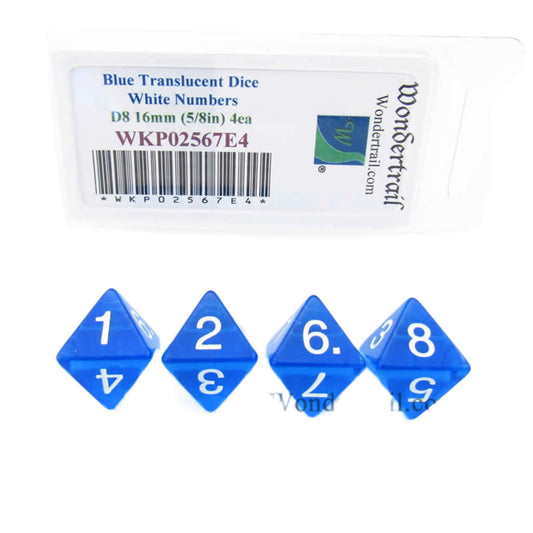 WKP02567E4 Blue Transparent Dice with White Numbers D8 16mm (5/8in) Pack of 4 Dice