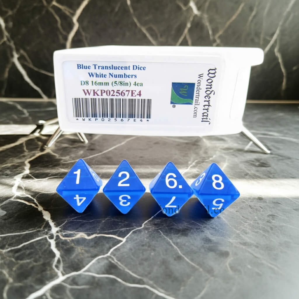 WKP02567E4 Blue Transparent Dice with White Numbers D8 16mm (5/8in) Pack of 4 Dice