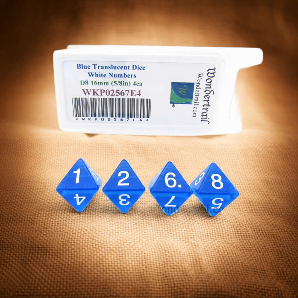 WKP02567E4 Blue Transparent Dice with White Numbers D8 16mm (5/8in) Pack of 4 Dice