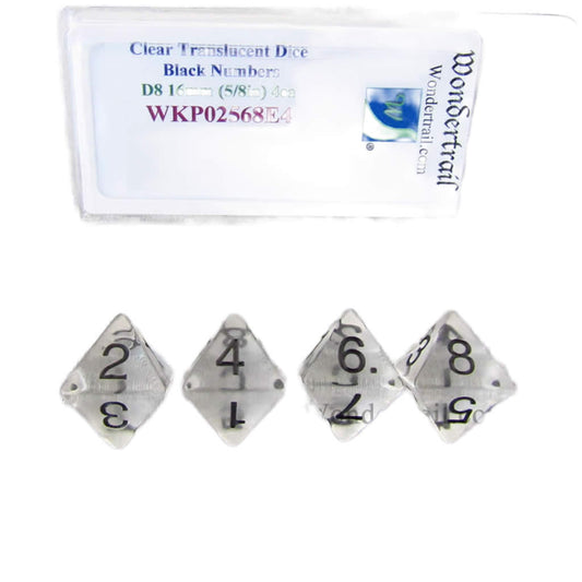 WKP02568E4 Clear Transparent Dice Black Numbers D8 16mm Pack of 4