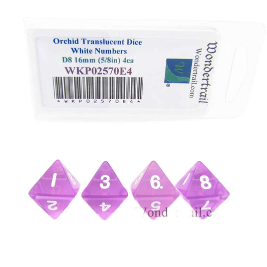 WKP02570E4 Orchid Transparent Dice White Numbers D8 16mm Pack of 4
