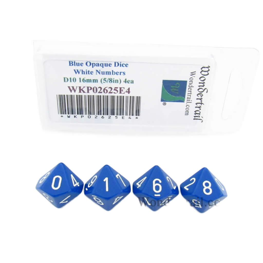 WKP02625E4 Blue Opaque Dice with White Numbers D10 16mm (5/8in) Pack of 4 Dice