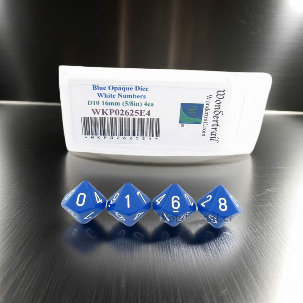 WKP02625E4 Blue Opaque Dice with White Numbers D10 16mm (5/8in) Pack of 4 Dice