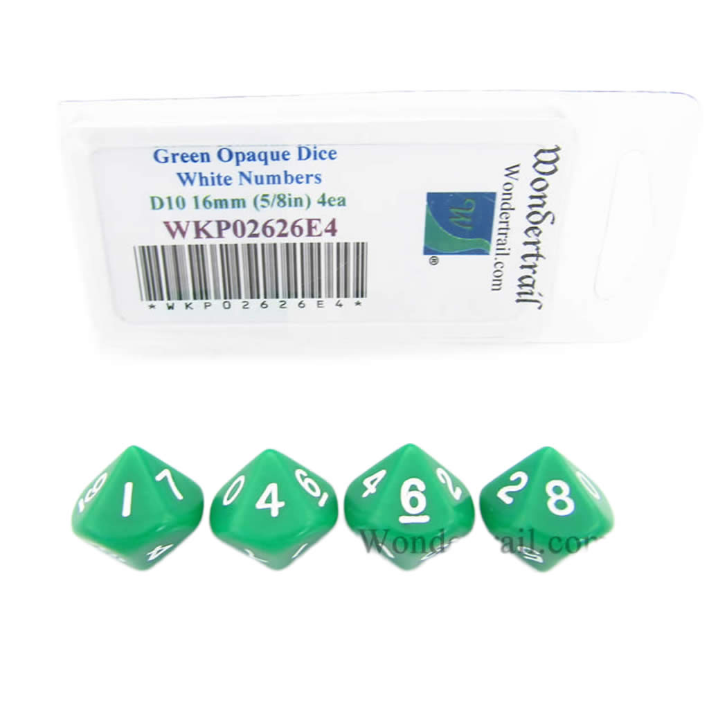 WKP02626E4 Green Opaque Dice with White Numbers D10 16mm (5/8in) Pack of 4 Dice