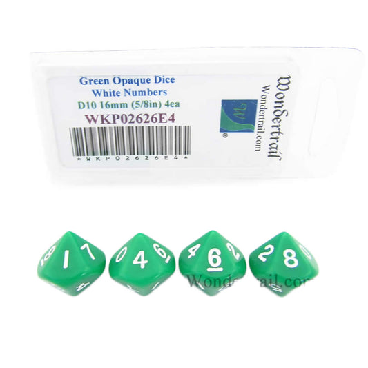 WKP02626E4 Green Opaque Dice White Numbers D10 16mm Pack of 4