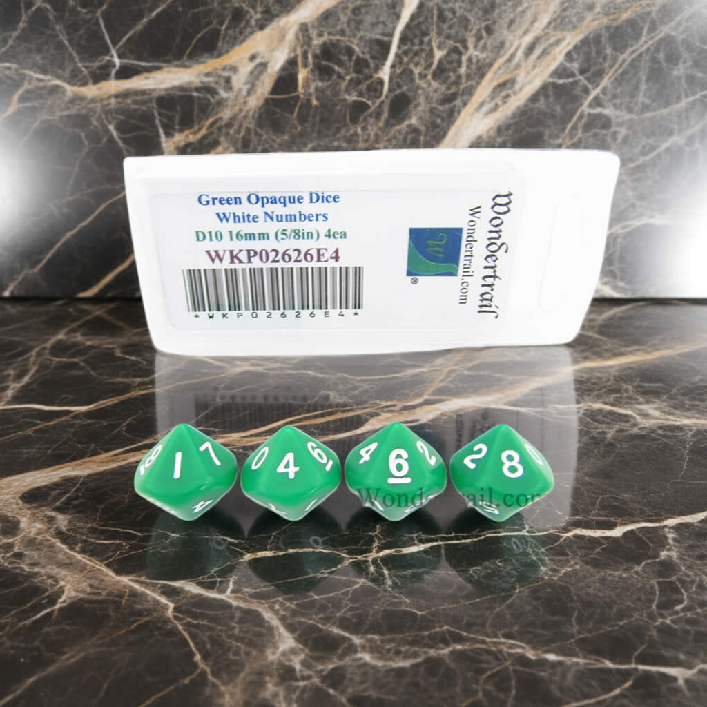 WKP02626E4 Green Opaque Dice with White Numbers D10 16mm (5/8in) Pack of 4 Dice