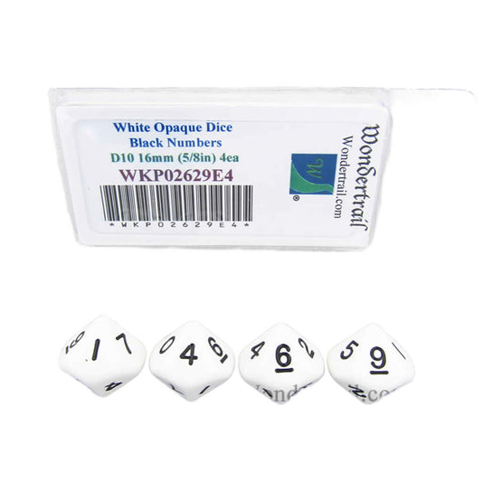 WKP02629E4 White Opaque Dice with Black Numbers D10 16mm (5/8in) Pack of 4 Dice