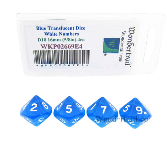 WKP02669E4 Blue Transparent Dice White Numbers D10 16mm Pack of 4
