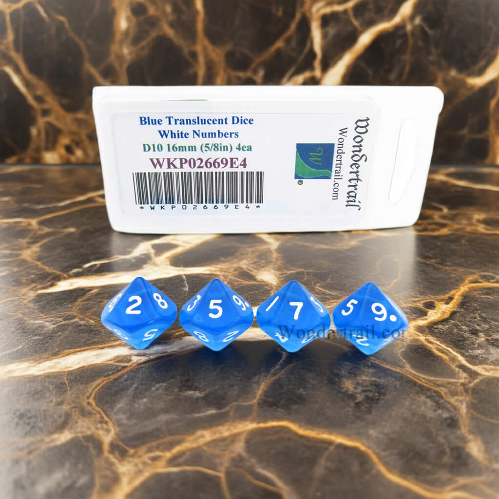 WKP02669E4 Blue Transparent Dice with White Numbers D10 16mm (5/8in) Pack of 4 Dice
