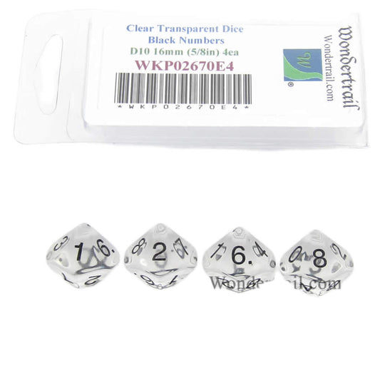 WKP02670E4 Clear Transparent Dice with Black Numbers D10 16mm (5/8in) Pack of 4 Dice