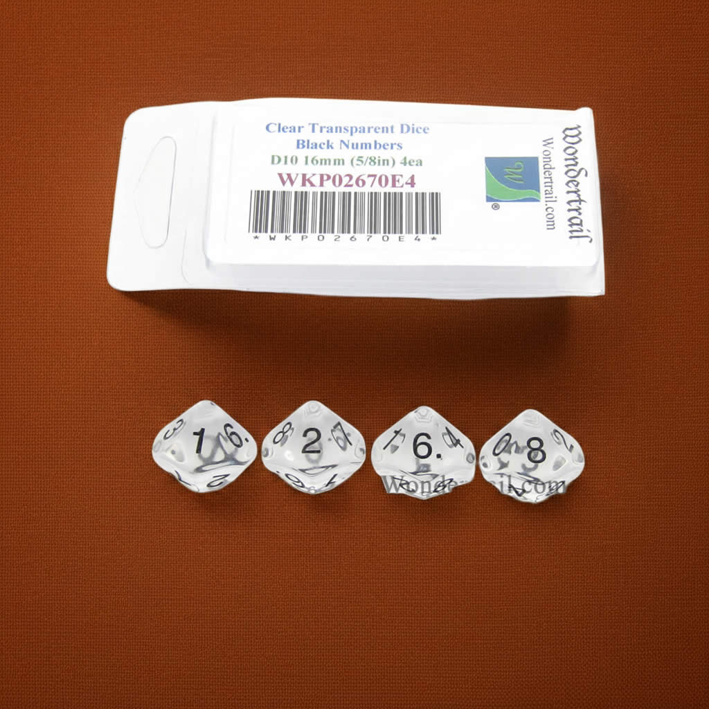 WKP02670E4 Clear Transparent Dice with Black Numbers D10 16mm (5/8in) Pack of 4 Dice