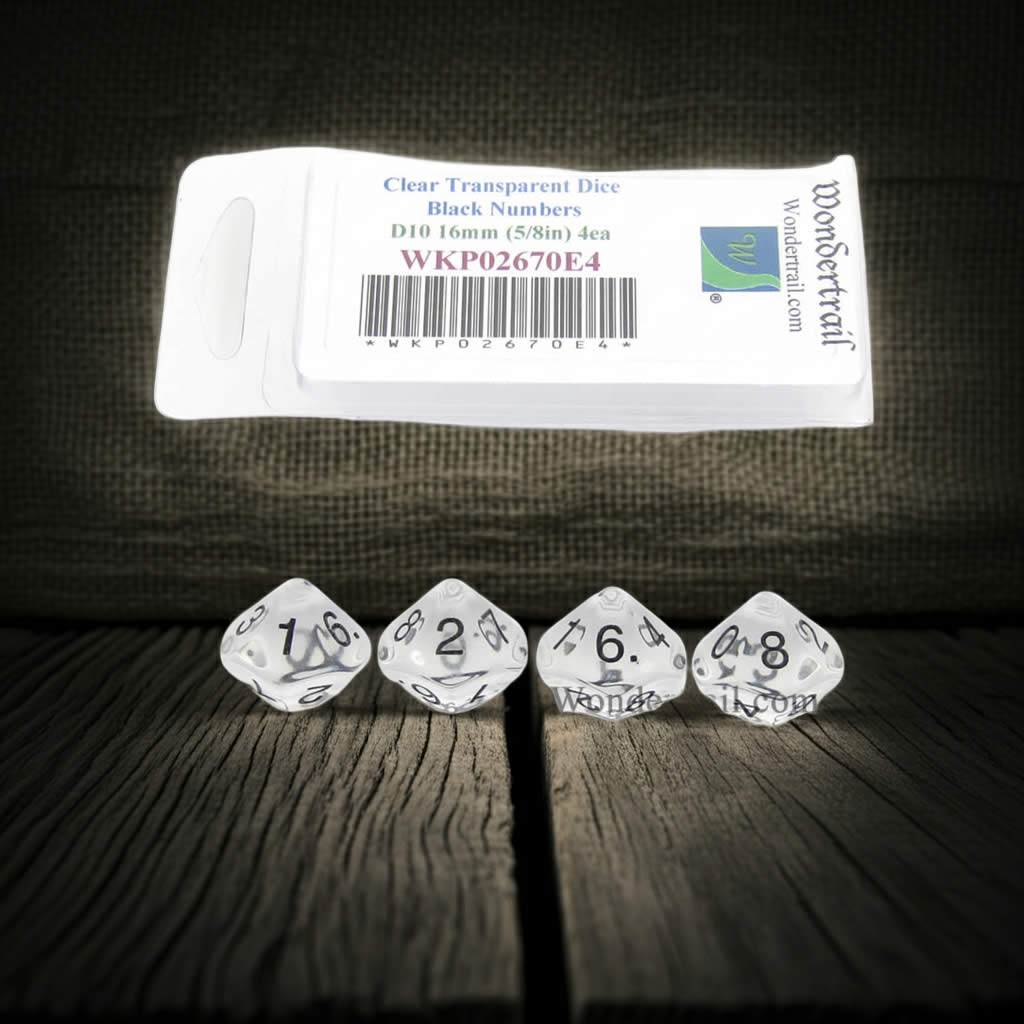 WKP02670E4 Clear Transparent Dice with Black Numbers D10 16mm (5/8in) Pack of 4 Dice