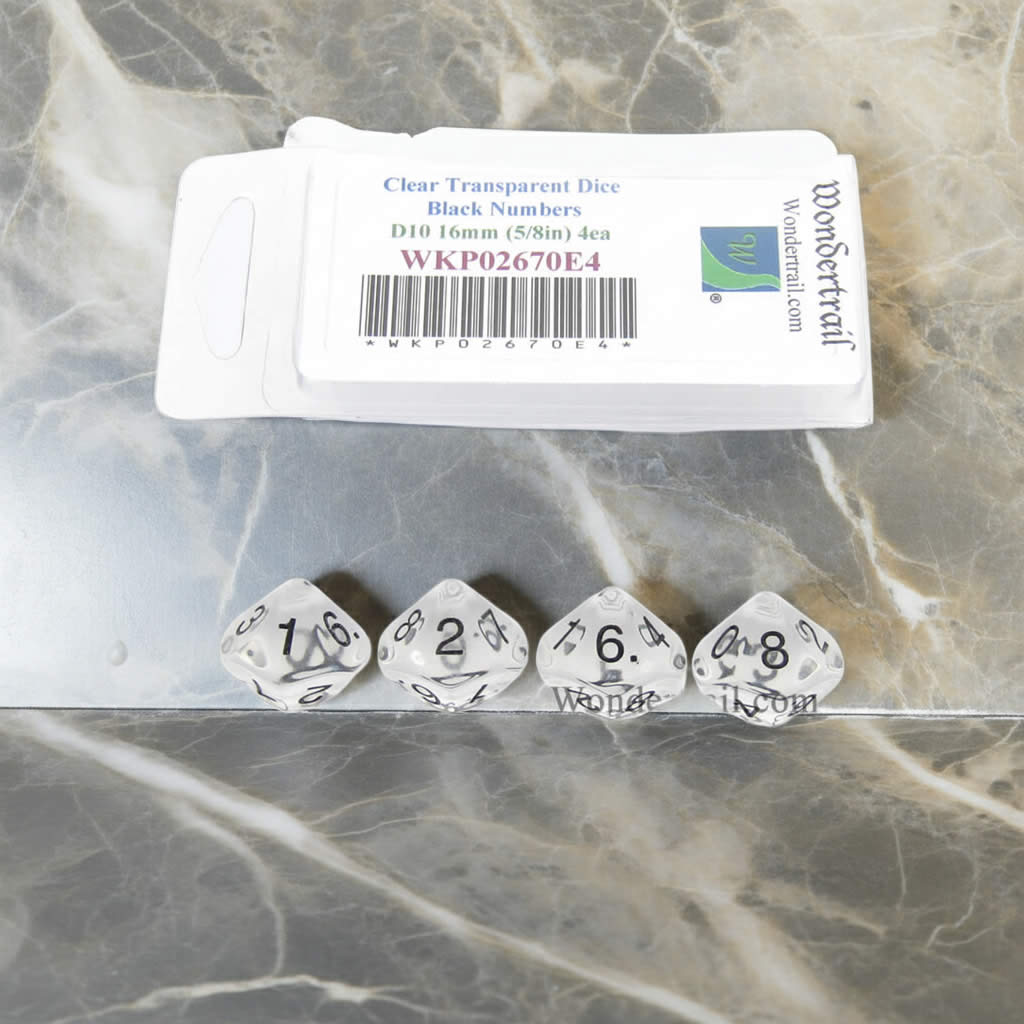 WKP02670E4 Clear Transparent Dice with Black Numbers D10 16mm (5/8in) Pack of 4 Dice