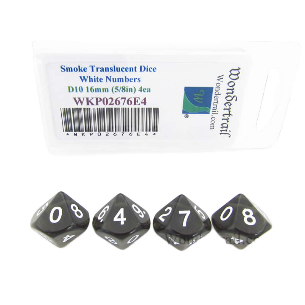 WKP02676E4 Smoke Transparent Dice with White Numbers D10 16mm (5/8in) Pack of 4 Dice