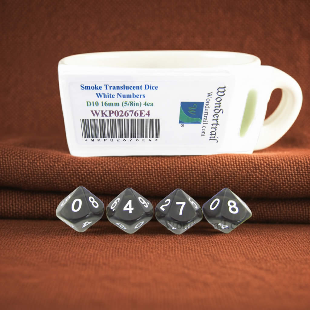 WKP02676E4 Smoke Transparent Dice with White Numbers D10 16mm (5/8in) Pack of 4 Dice
