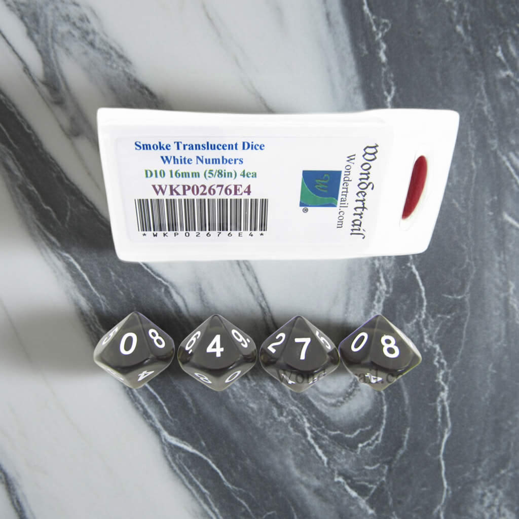 WKP02676E4 Smoke Transparent Dice with White Numbers D10 16mm (5/8in) Pack of 4 Dice