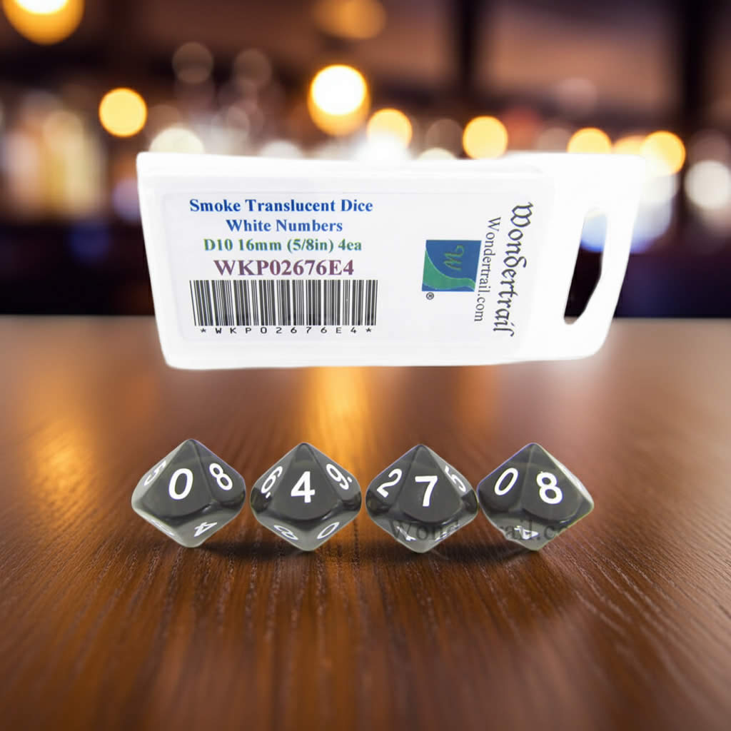 WKP02676E4 Smoke Transparent Dice with White Numbers D10 16mm (5/8in) Pack of 4 Dice