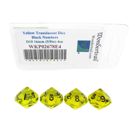 WKP02678E4 Yellow Transparent Dice with Black Numbers D10 16mm (5/8in) Pack of 4 Dice