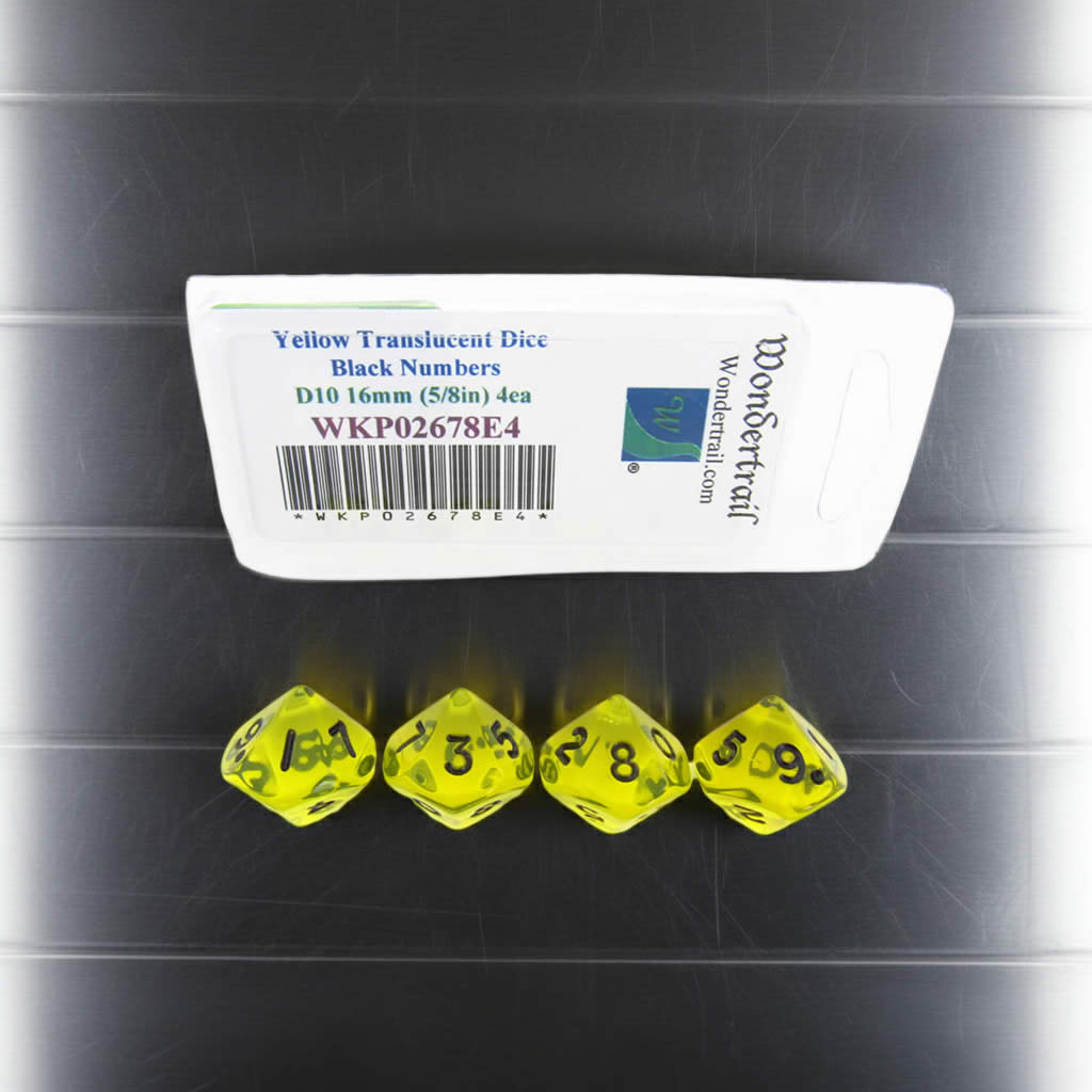 WKP02678E4 Yellow Transparent Dice with Black Numbers D10 16mm (5/8in) Pack of 4 Dice