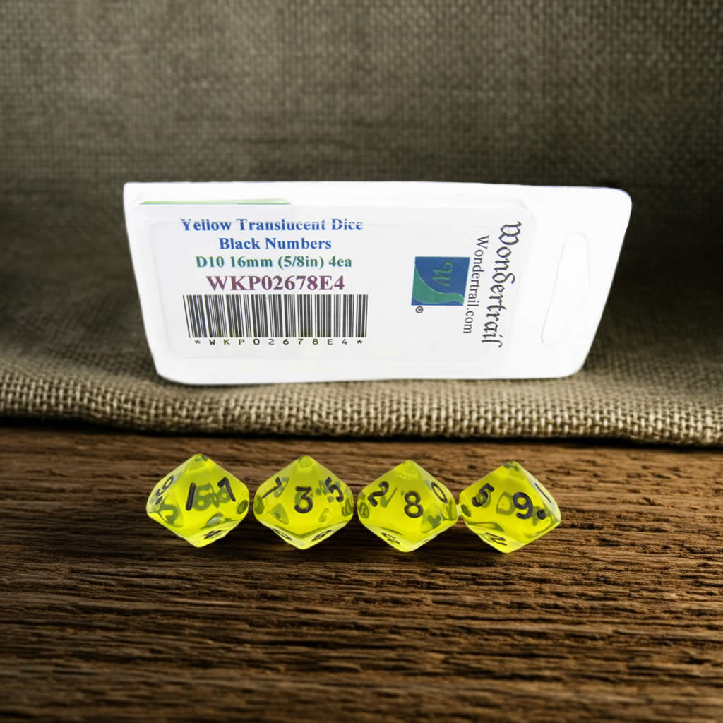 WKP02678E4 Yellow Transparent Dice with Black Numbers D10 16mm (5/8in) Pack of 4 Dice