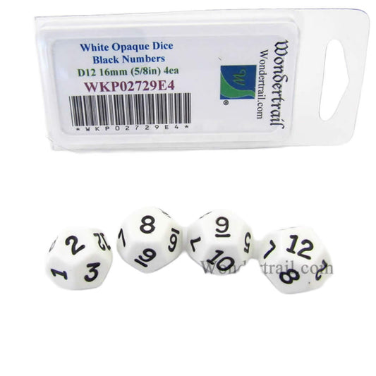 WKP02729E4 White Opaque Dice Black Numbers D12 16mm Pack of 4