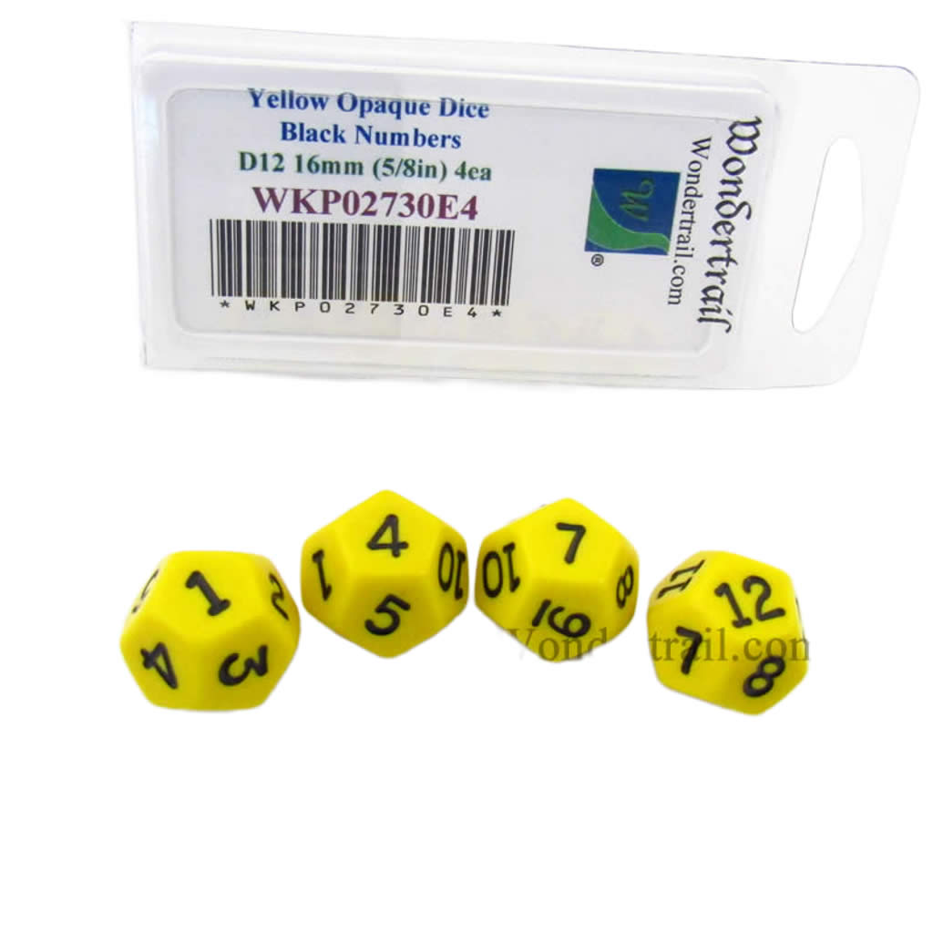 WKP02730E4 Yellow Opaque Dice Black Numbers D12 16mm Pack of 4