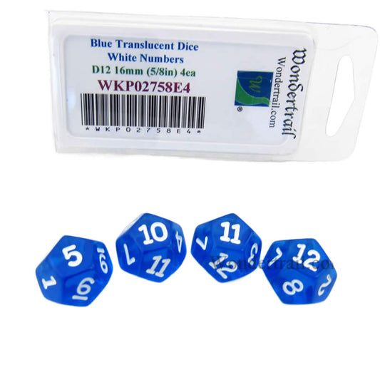 WKP02758E4 Blue Transparent Dice with White Numbers D12 16mm (5/8in) Pack of 4 Dice