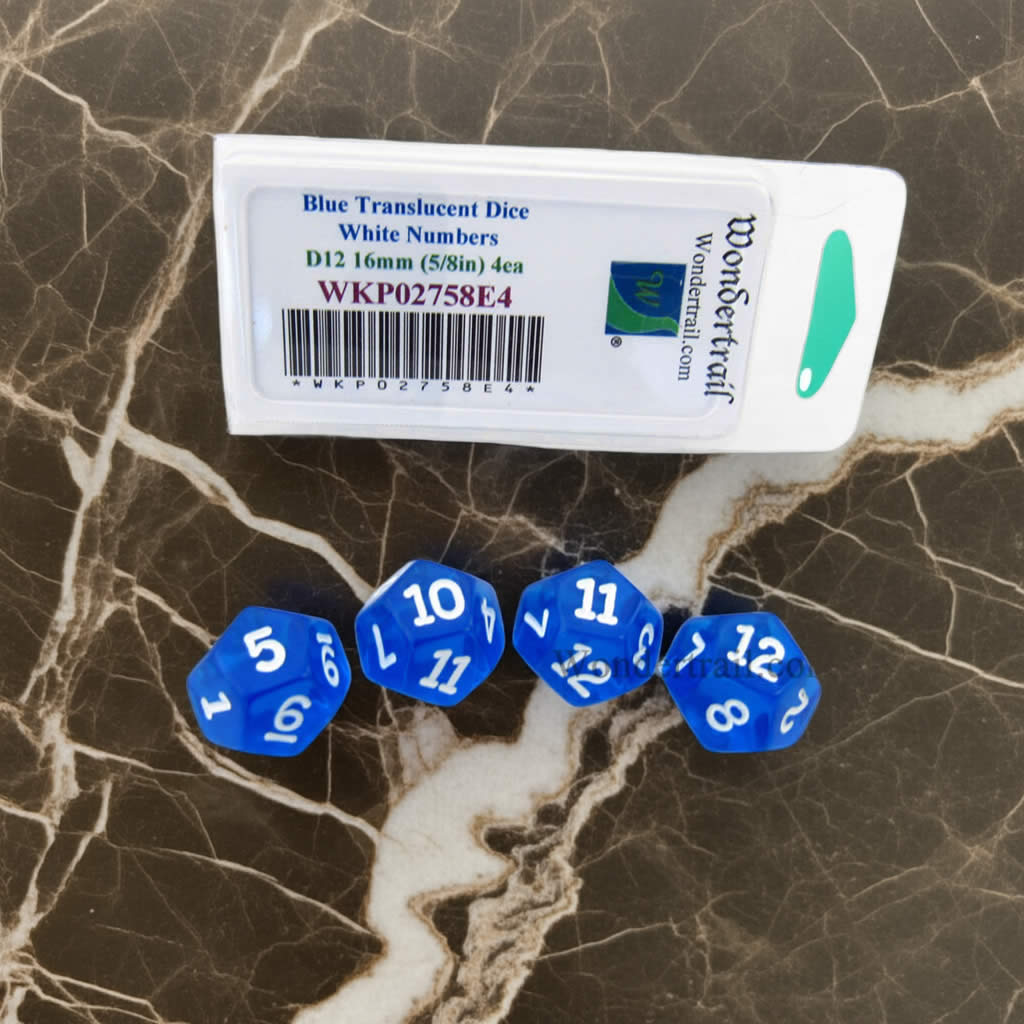 WKP02758E4 Blue Transparent Dice with White Numbers D12 16mm (5/8in) Pack of 4 Dice