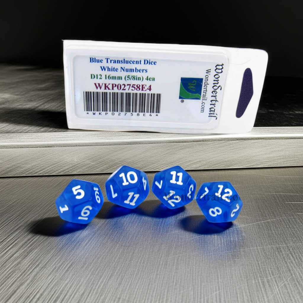 WKP02758E4 Blue Transparent Dice with White Numbers D12 16mm (5/8in) Pack of 4 Dice