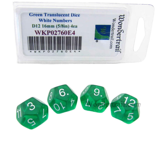 WKP02760E4 Green Transparent Dice White Numbers D12 16mm Pack of 4