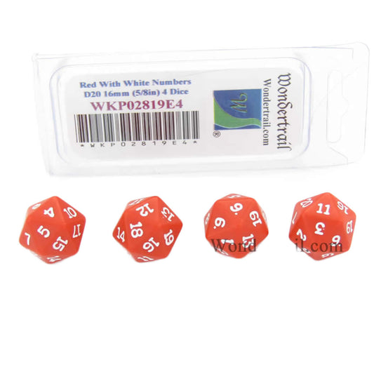 WKP02819E4 Red Opaque Dice with White Numbers D20 16mm (5/8in) Pack of 4 Dice