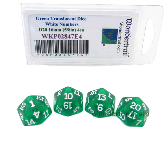WKP02847E4 Green Transparent Dice White Numbers D20 16mm Pack of 4