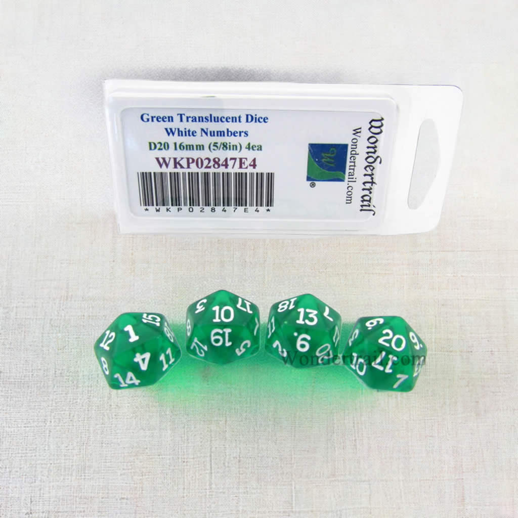 WKP02847E4 Green Transparent Dice White Numbers D20 16mm Pack of 4