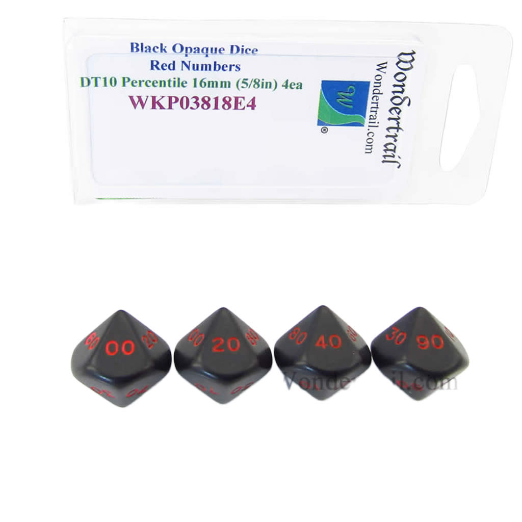 WKP03818E4 Black Opaque Dice Red Numbers DT10 16mm Pack of 4