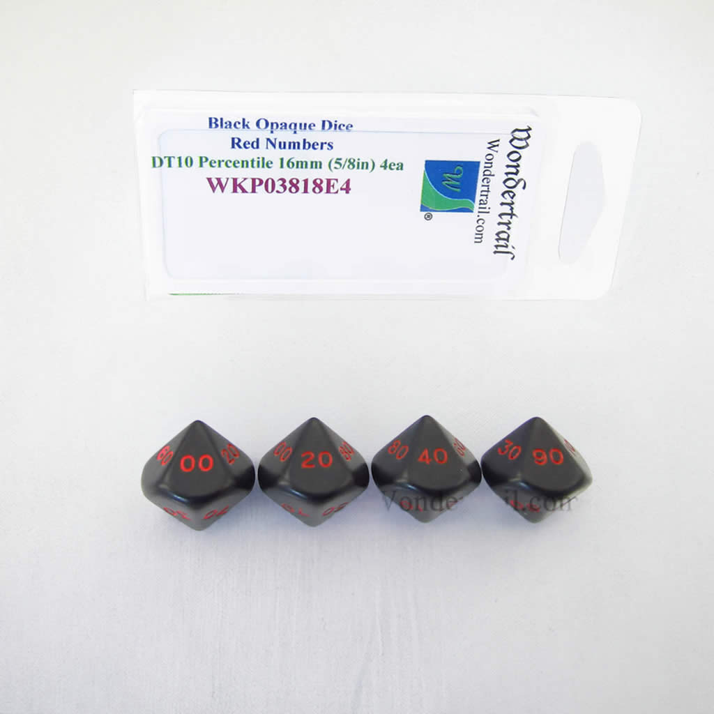 WKP03818E4 Black Opaque Dice Red Numbers DT10 16mm Pack of 4