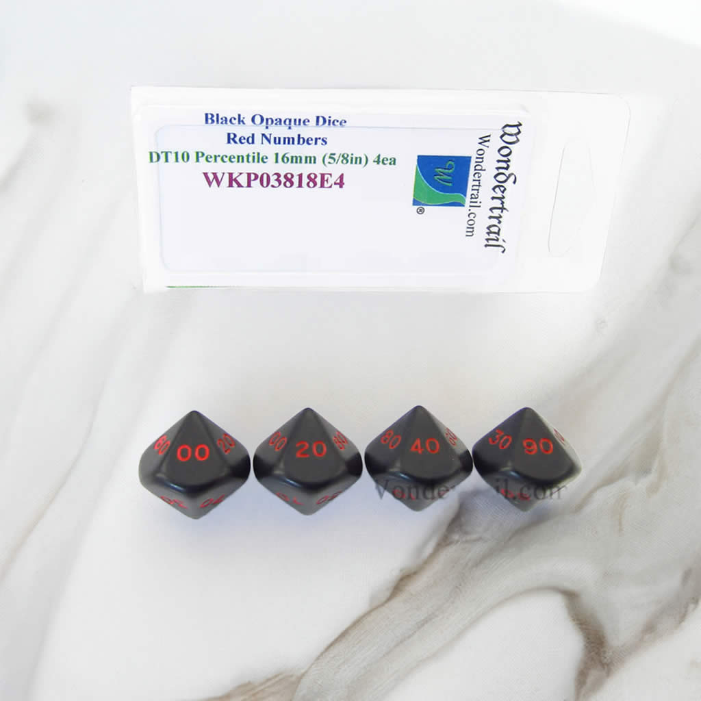 WKP03818E4 Black Opaque Dice Red Numbers DT10 16mm Pack of 4