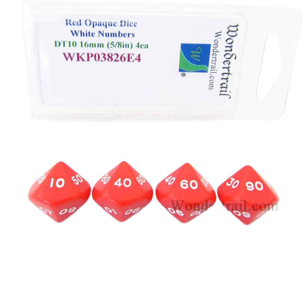 WKP03826E4 Red Opaque Dice White Numbers DT10 16mm Pack of 4